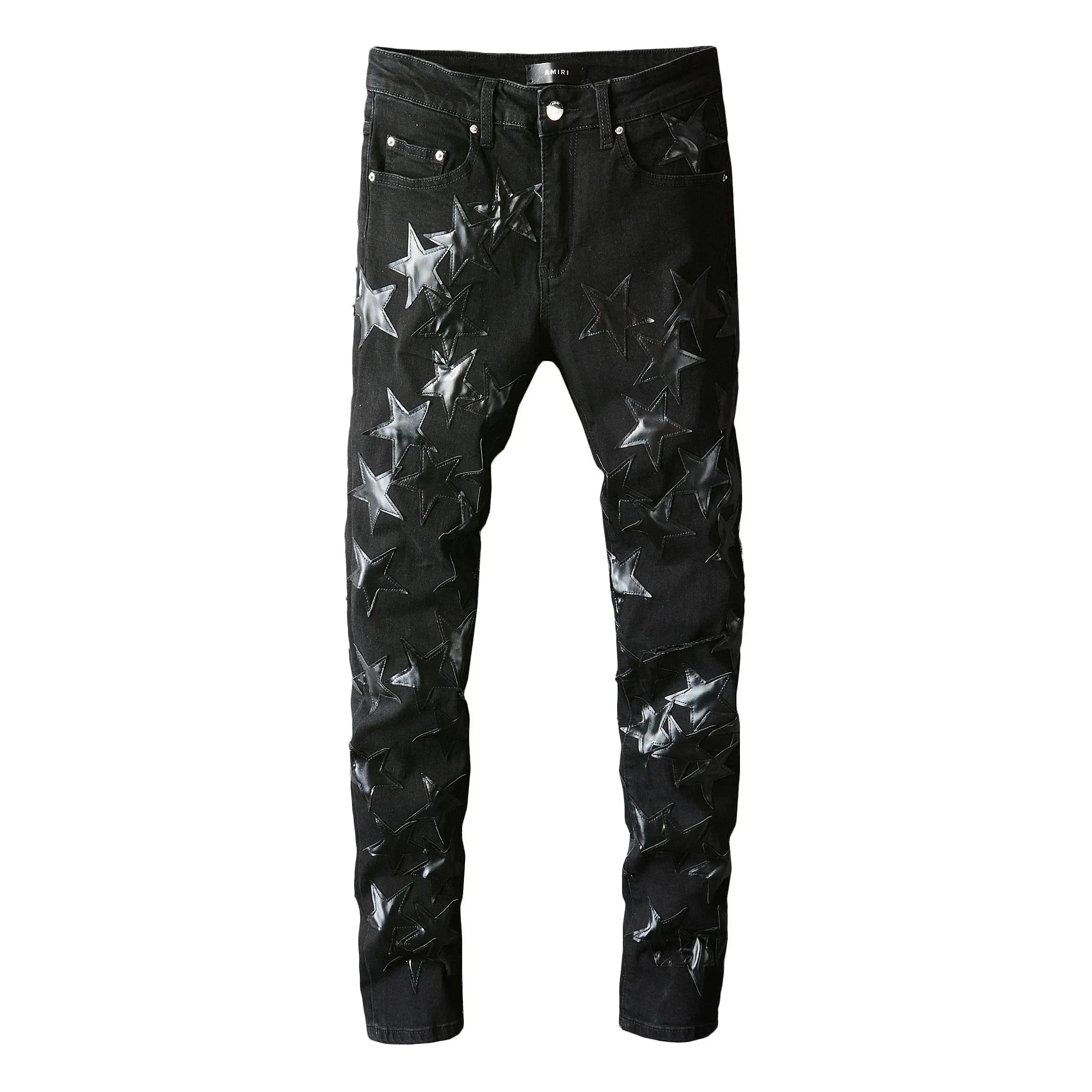 NHBT Men's Leather Stars Patch Jeans Black Stretch Denim Pencil Pants