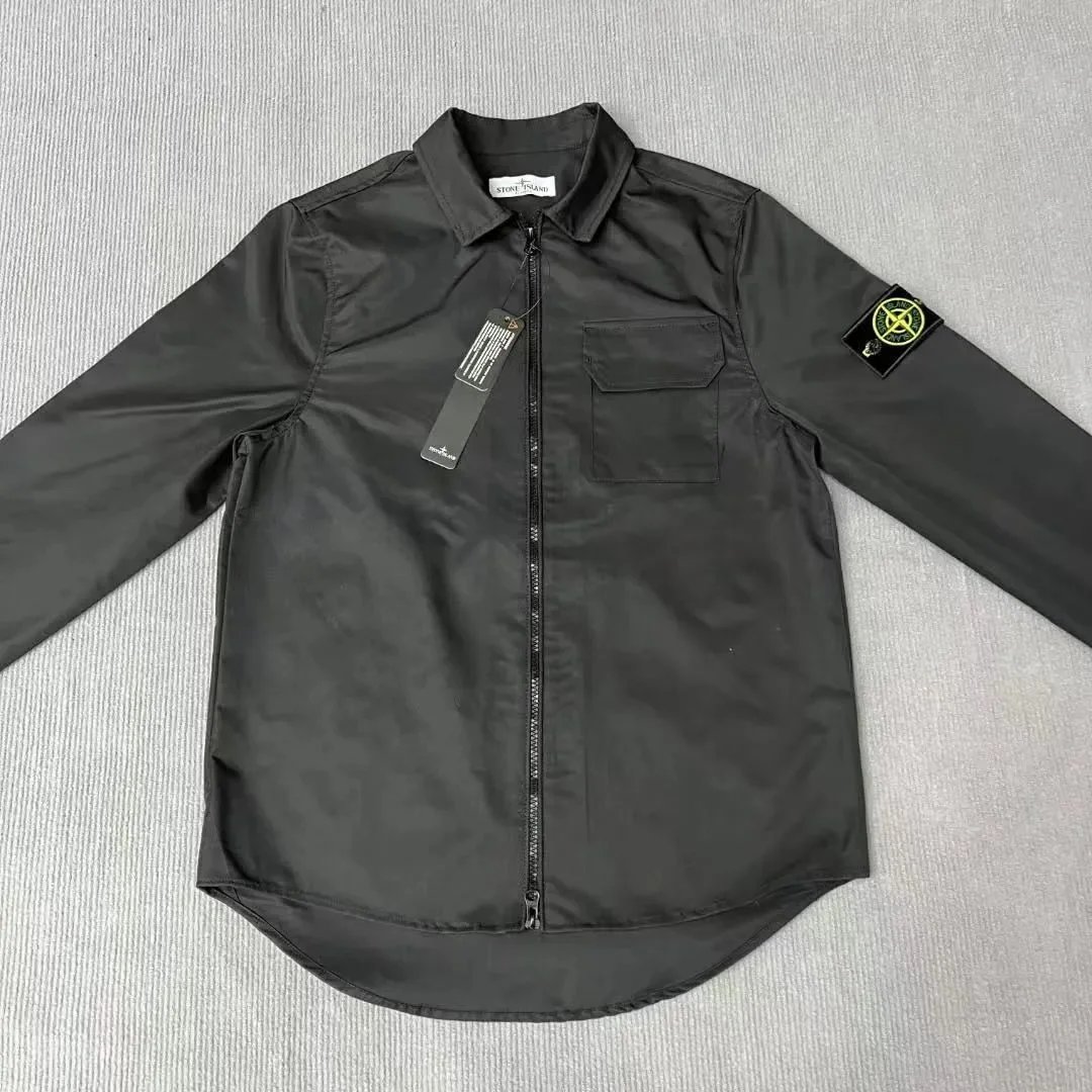 Stone Island Black Zip-Up Shirt with Logo Patch