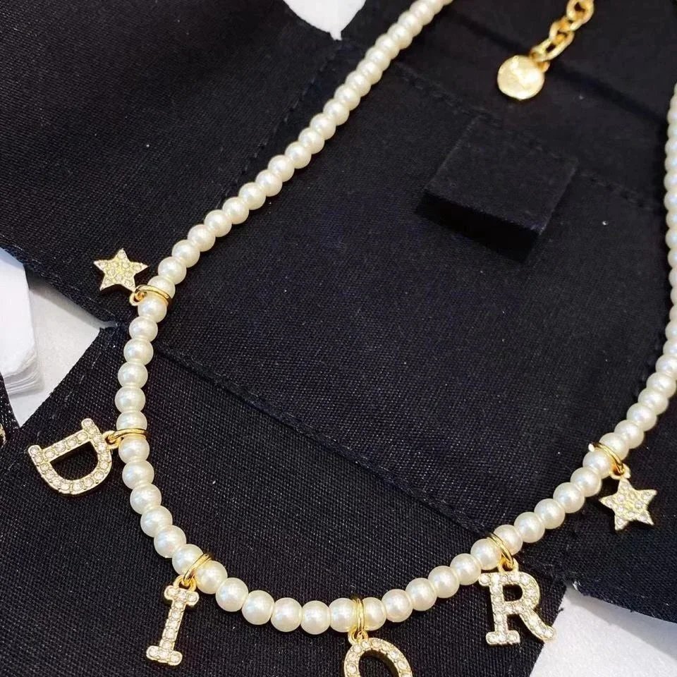 Dior Pearl Necklace with Gold Letter Charms and Stars