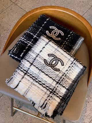 Chanel Plaid Wool Scarf Classic Logo Design
