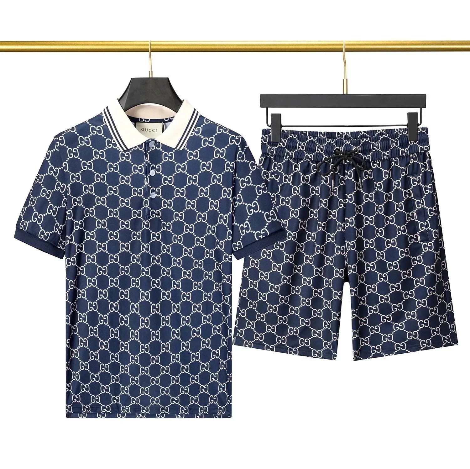Gucci Men's Navy Blue GG Logo Polo Shirt and Shorts Set