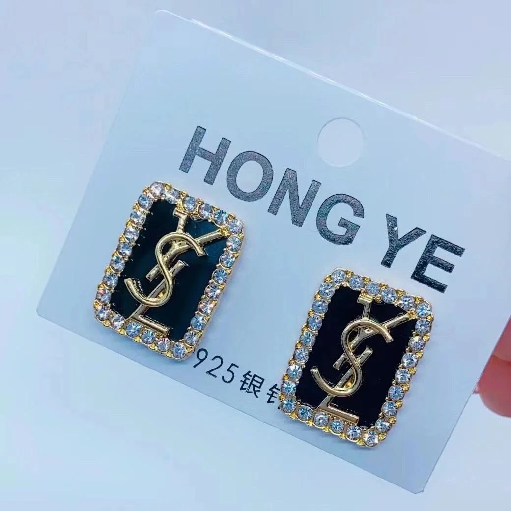 Luxury Crystal Rhinestone Earrings with YSL Logo Design
