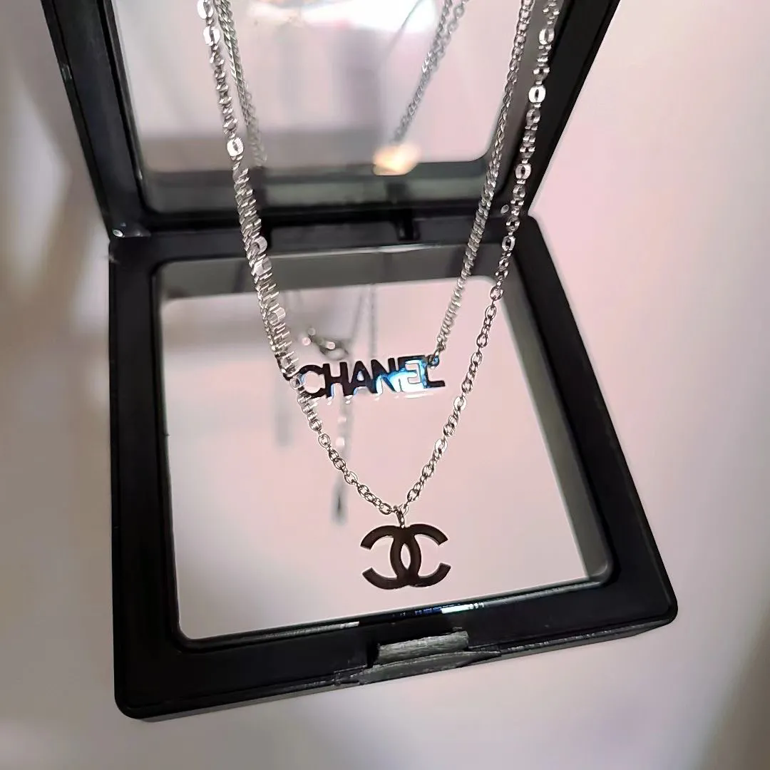Chanel Silver CC Logo Necklace with Double Chain Design