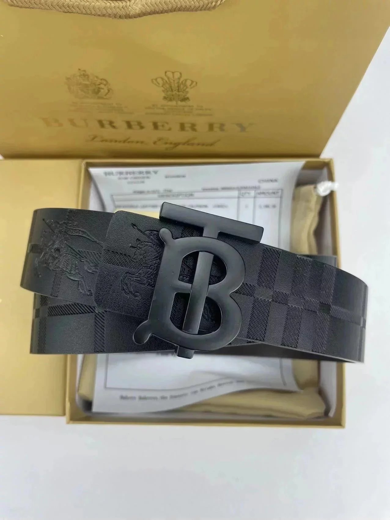 Burberry Black Check Belt with Monogram Buckle