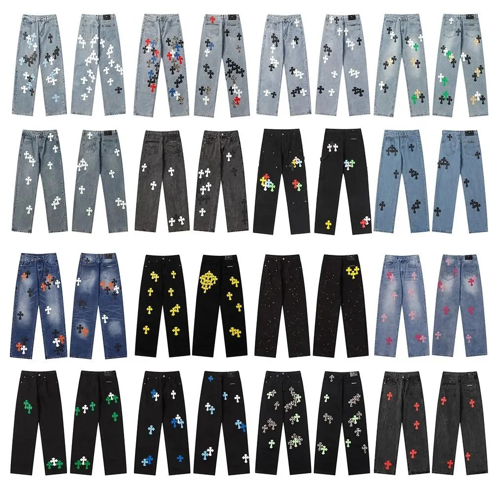Cross Embroidered Denim Pants for Men and Women