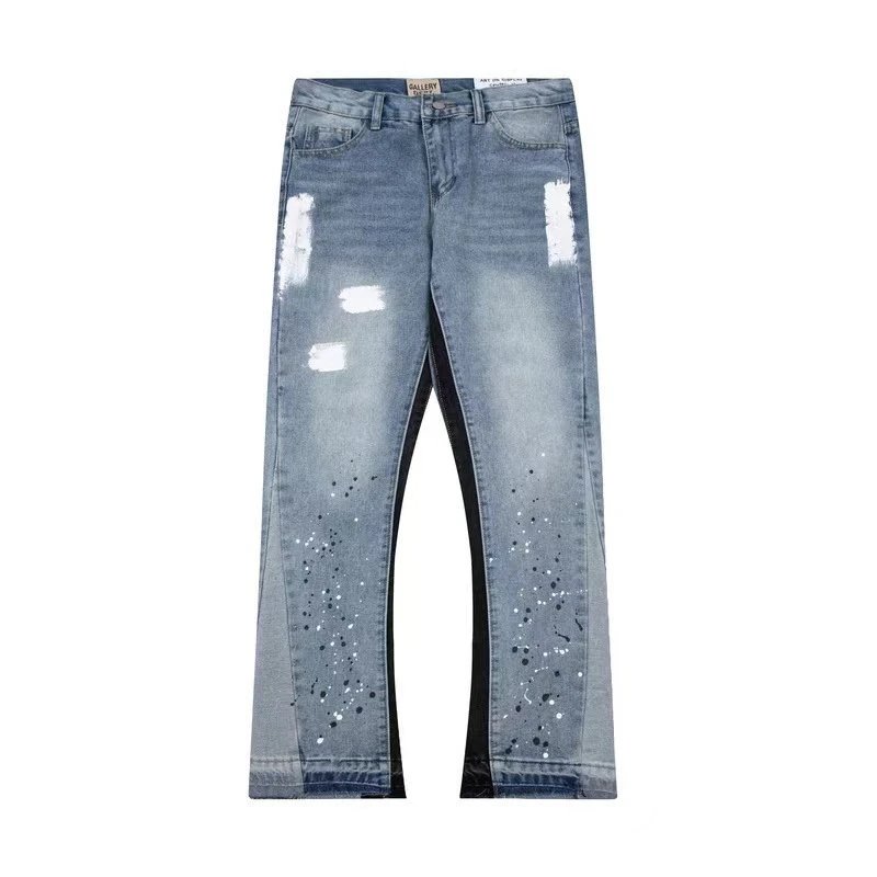 Distressed Light Blue Denim Jeans with Paint Splatter Design