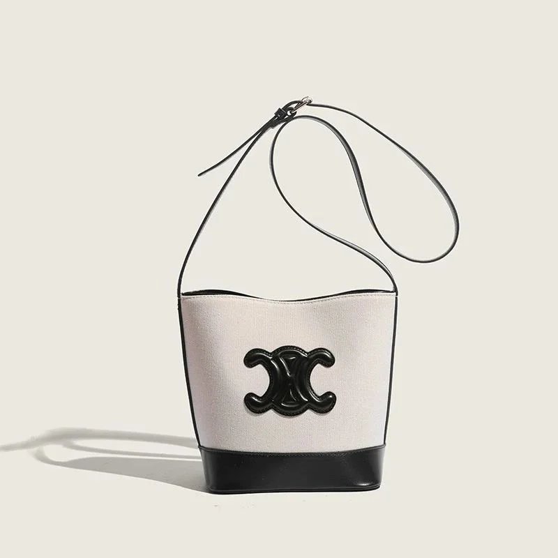 Chanel White and Black Logo Bucket Bag with Leather Strap