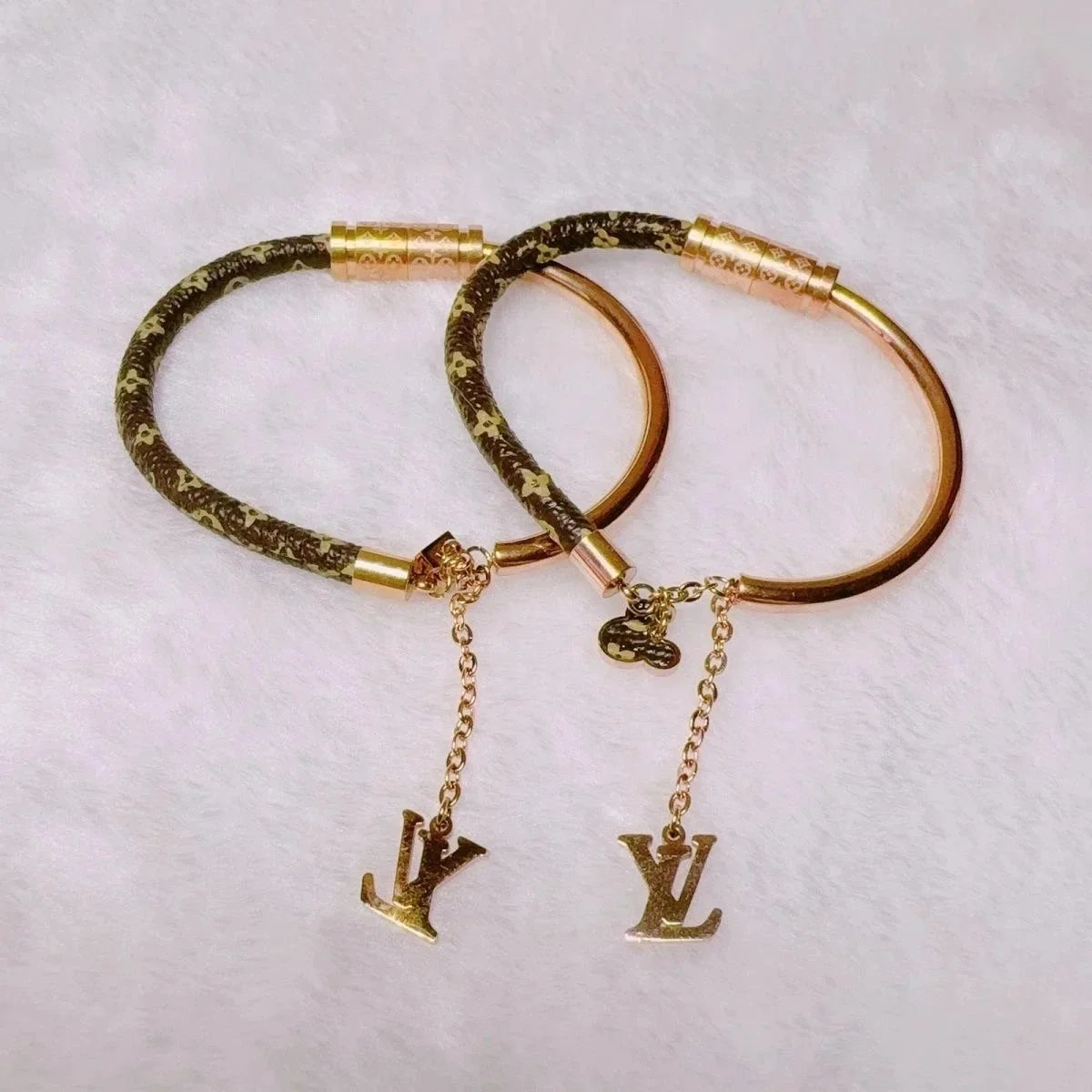 Louis Vuitton Monogram Bracelet with LV Charm Gold Tone Jewelry