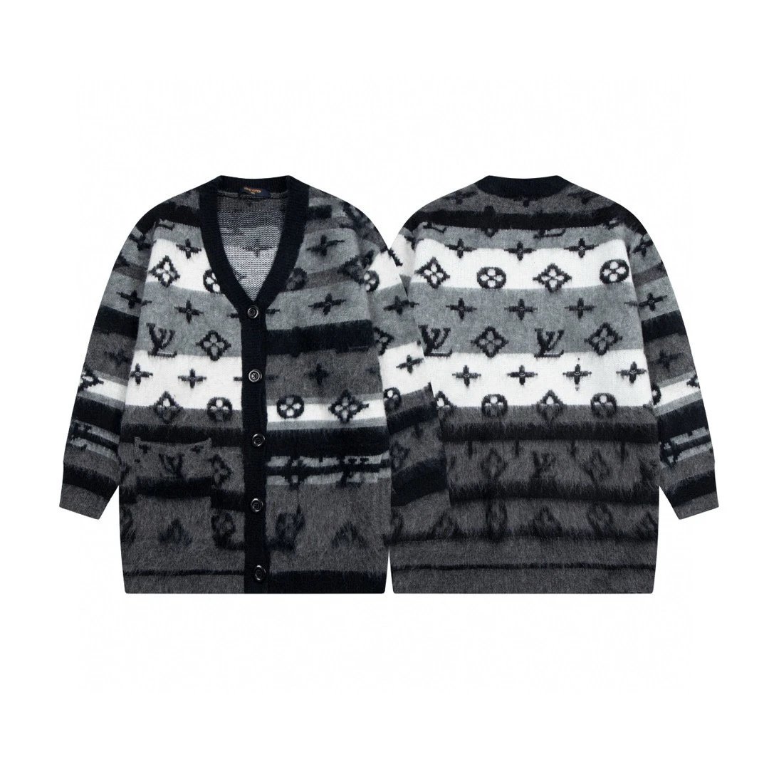LV Monogram Pattern Knit Cardigan Sweater for Men and Women