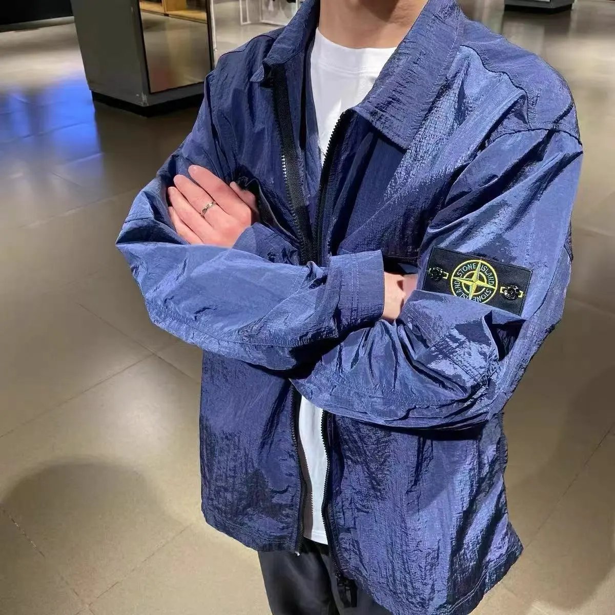 Stone Island Blue Nylon Jacket with Compass Patch
