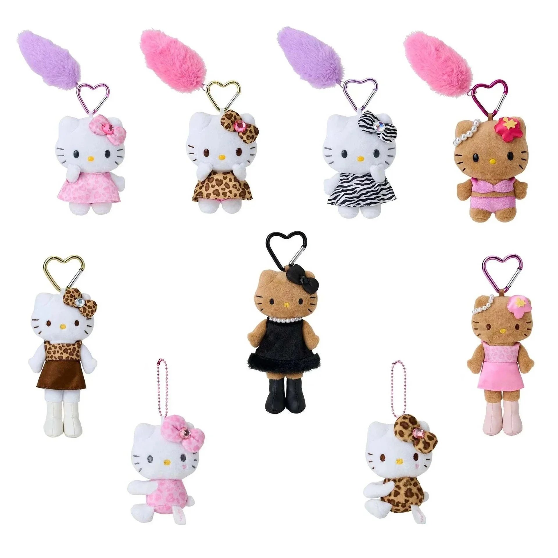 Hello Kitty Plush Keychains with Heart Clips and Fuzzy Ears