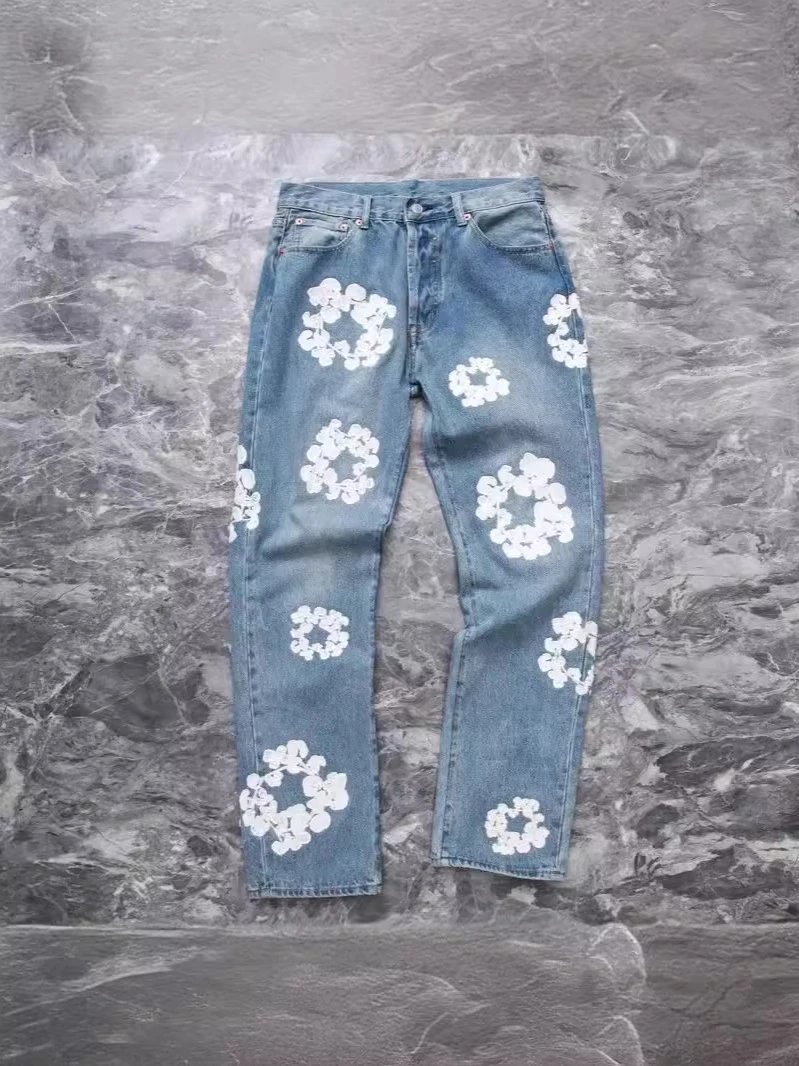 Floral Pattern Denim Jeans for Men Women Fashion Streetwear
