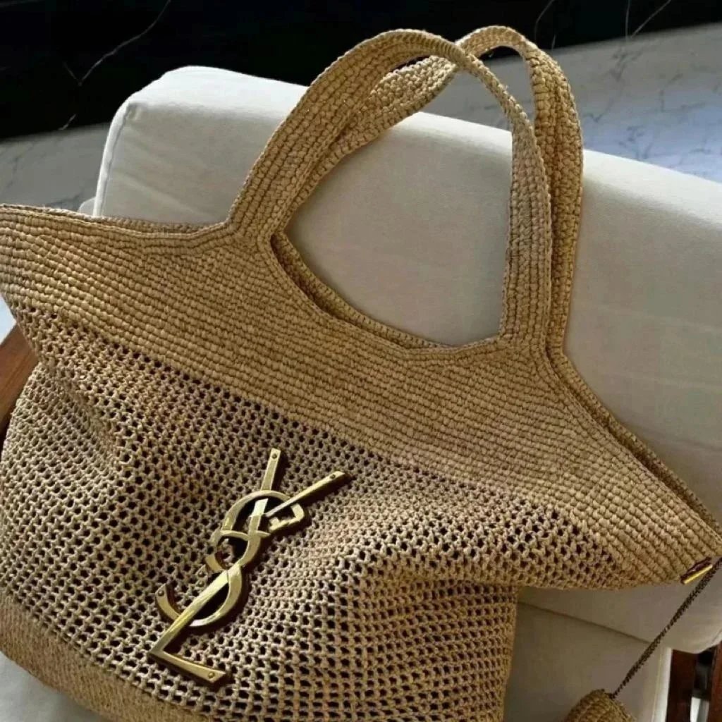Saint Laurent Raffia Tote Bag with Gold Logo