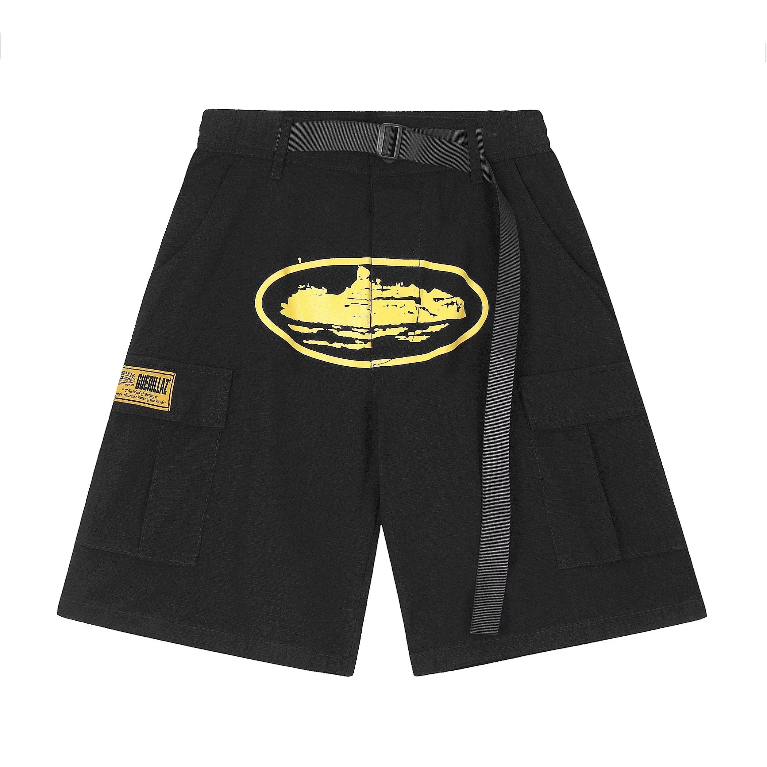 Black Cargo Shorts with Yellow Logo and Belt - GUERILLAT