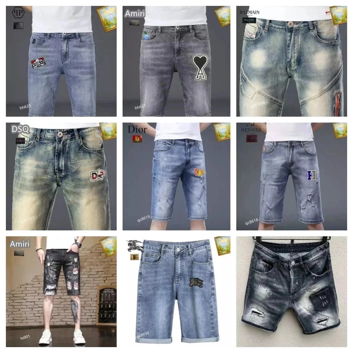 Men's Fashion Denim Shorts with Brand Logos and Patches