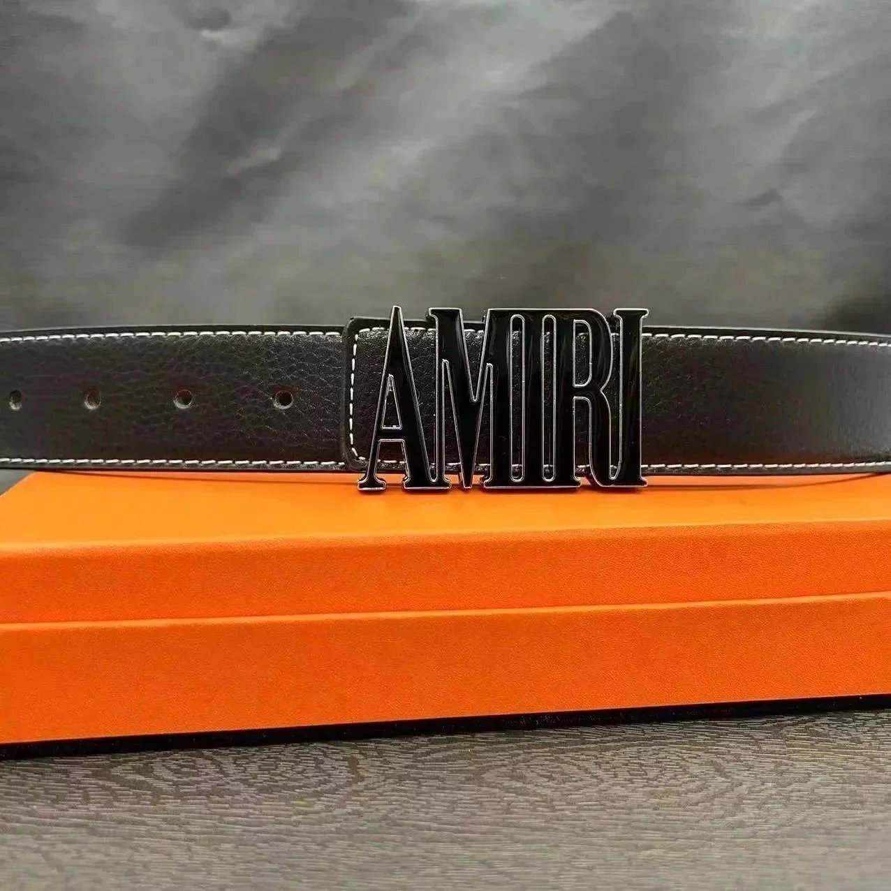 AMIRI Black Leather Belt with Logo Buckle