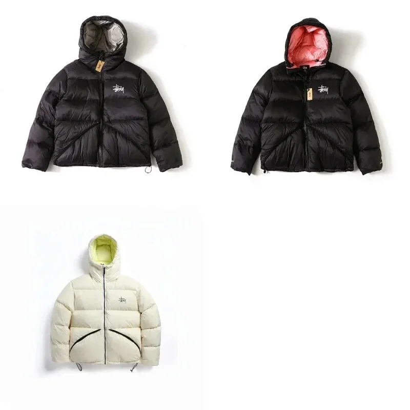 Stussy Down Jacket Black and Cream Winter Coat with Hood