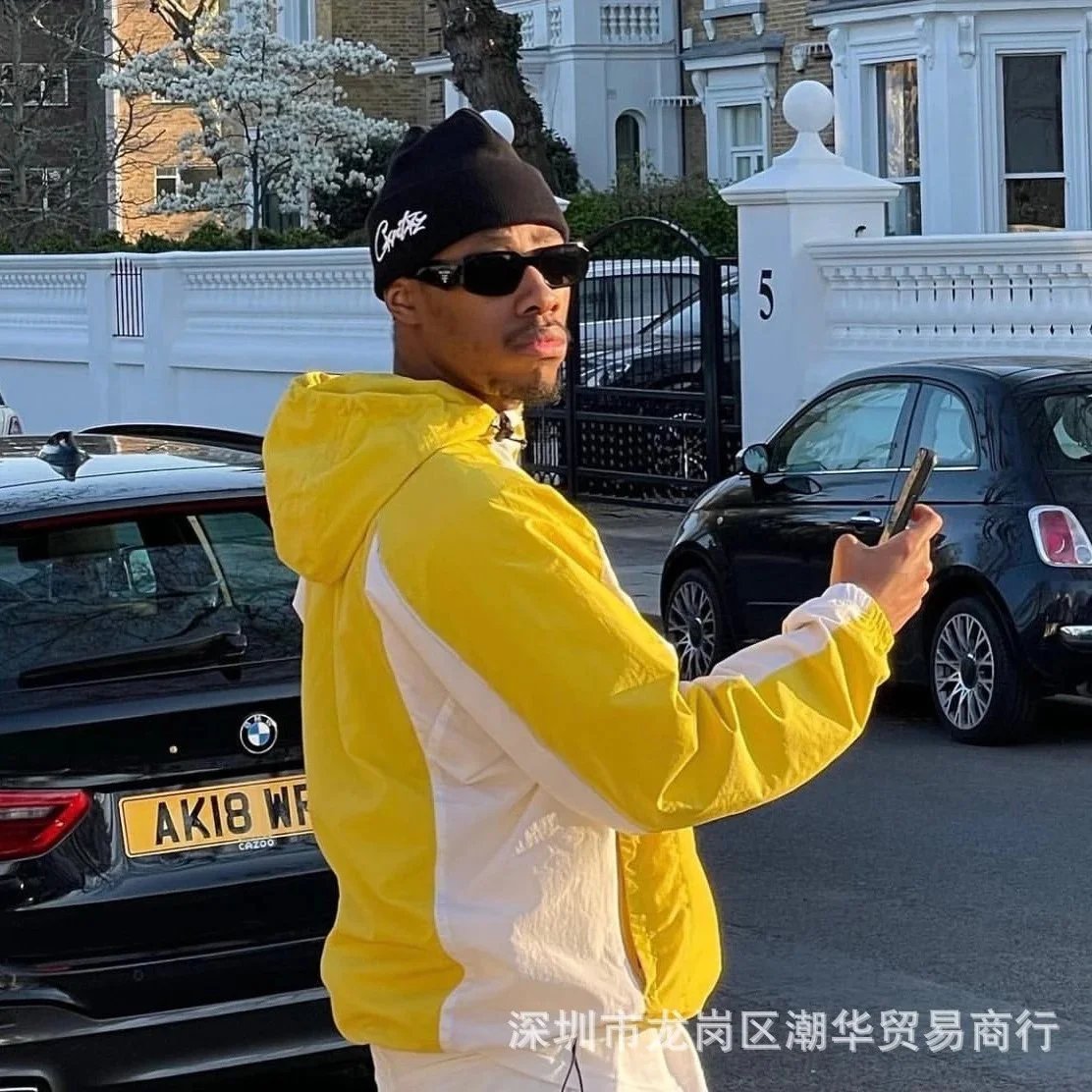 Yellow and White Hooded Windbreaker Jacket for Men Streetwear Fashion