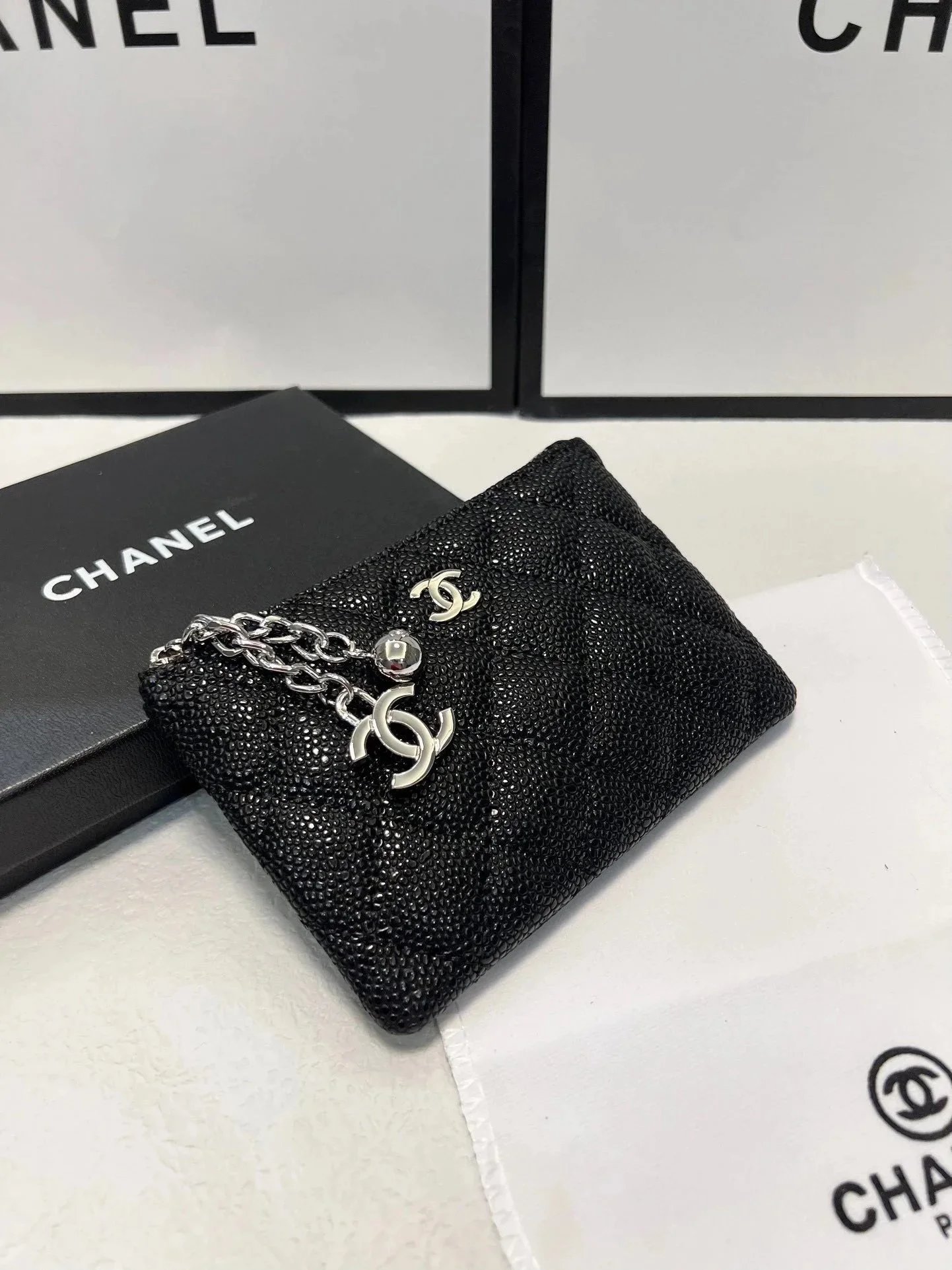 Chanel Black Quilted Studded Clutch Bag with Silver CC Logo
