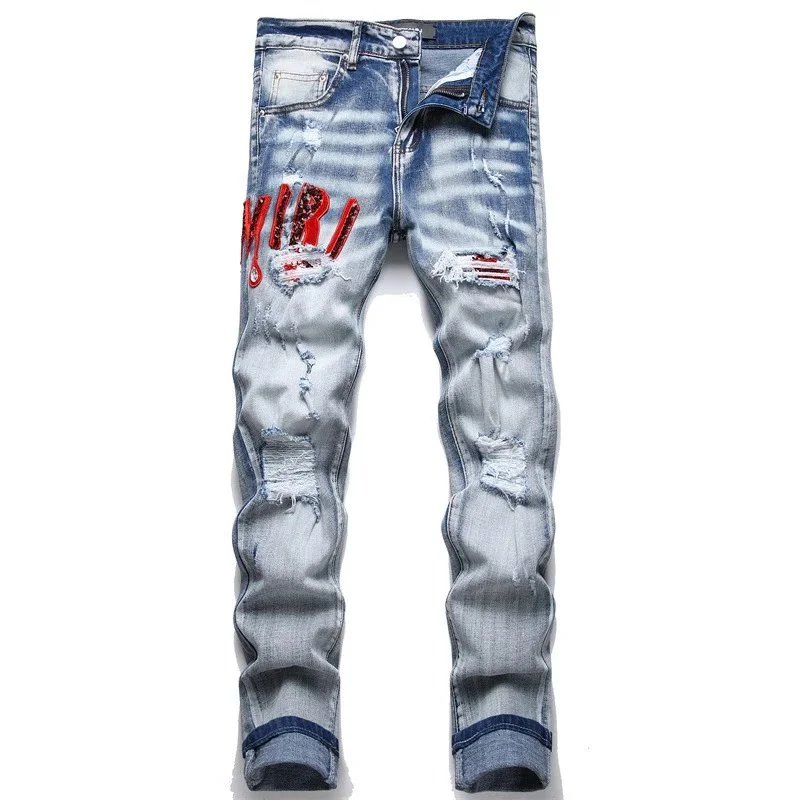 Ripped Distressed Denim Jeans for Men with Bold Logo Design