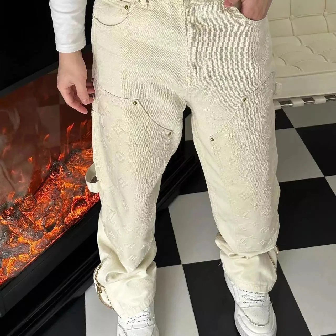 LV Monogram Canvas Cargo Pants for Men White