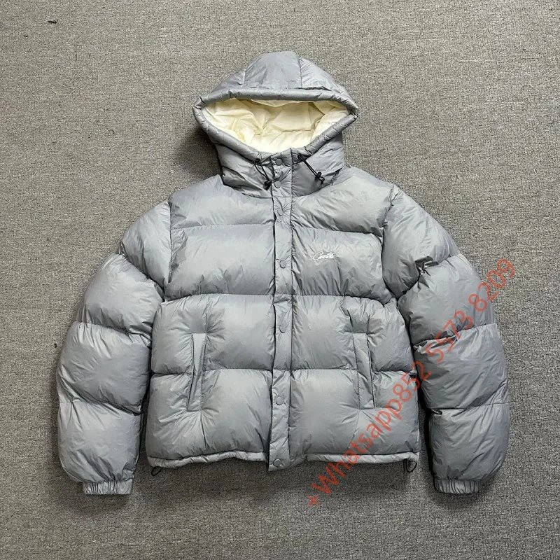 Light Gray Down Puffer Jacket with Hood for Men and Women