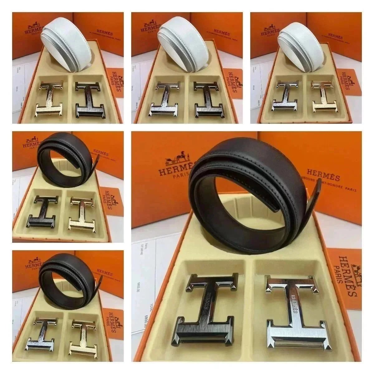 Hermes Leather Belt with H Buckle in Black and White