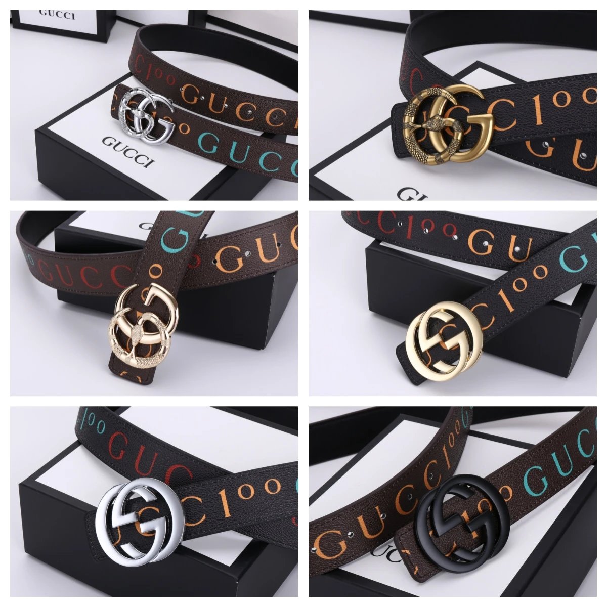 Gucci Logo Print Leather Belt with Double G Buckle