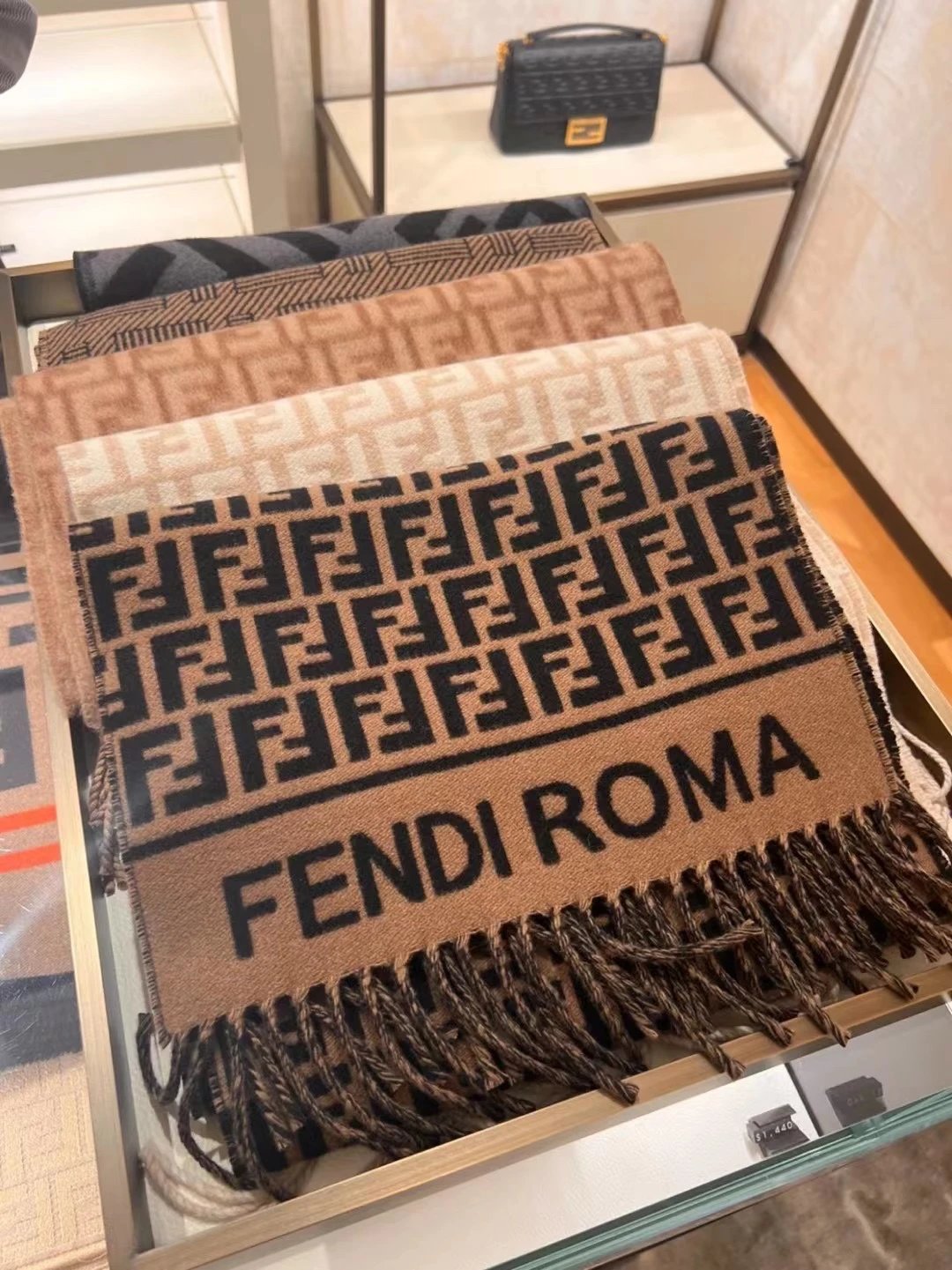 FENDI Roma Logo Pattern Wool Scarf with Fringe