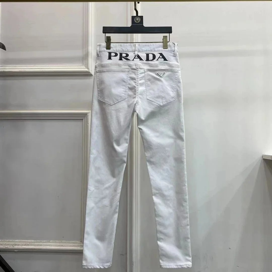 White Prada Logo Denim Jeans for Men and Women