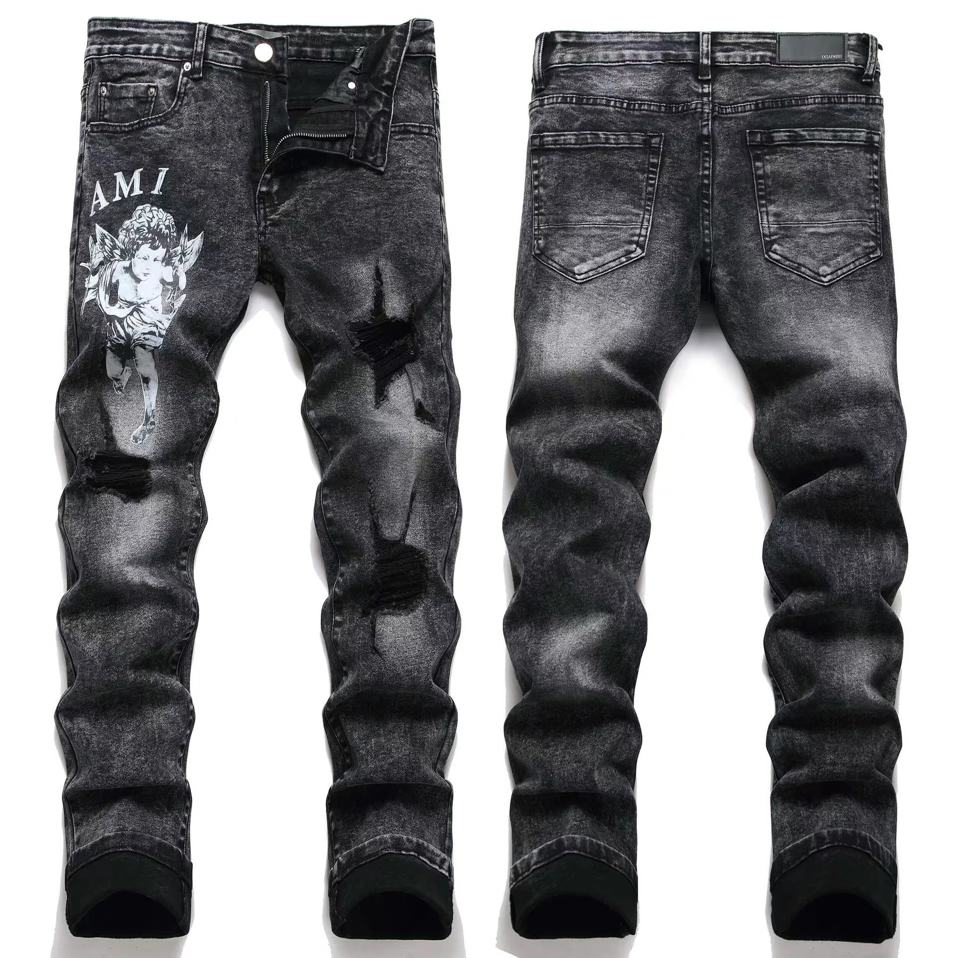 AMI Black Ripped Denim Jeans with Angel Print for Men