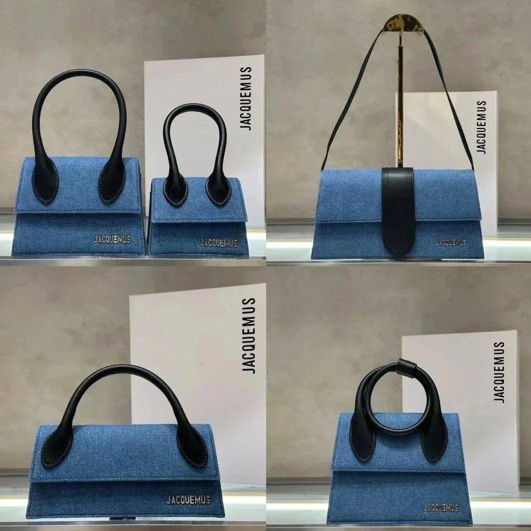 JACQUEMUS Blue Denim Mini Bag with Black Leather Handle
