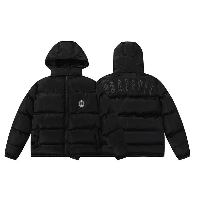 Black Hooded Puffer Jacket with Logo Print