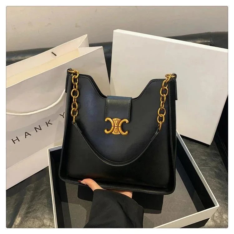 Luxury Black Leather Shoulder Bag with Gold Chain and Logo Clasp