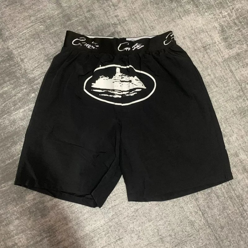 Black Crew Logo Print Shorts for Men