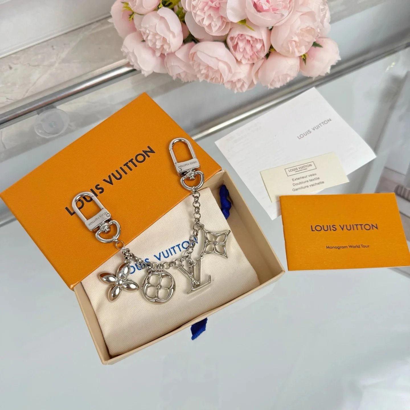 Louis Vuitton Monogram Charm Keychain Silver Tone