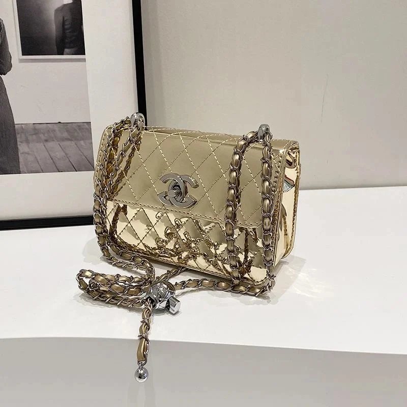 Chanel Gold Quilted Leather Shoulder Bag with Chain Strap