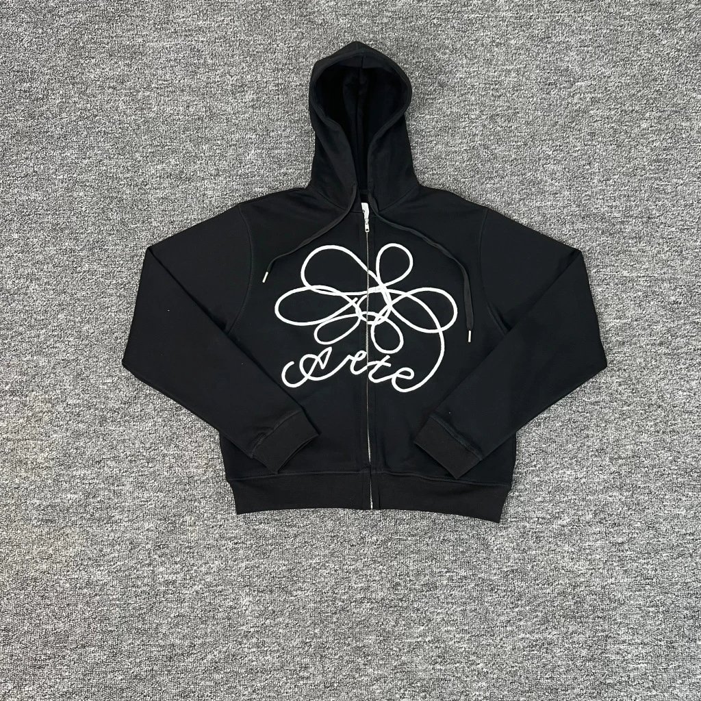 Arte Black Zip-Up Hoodie with White Logo Design