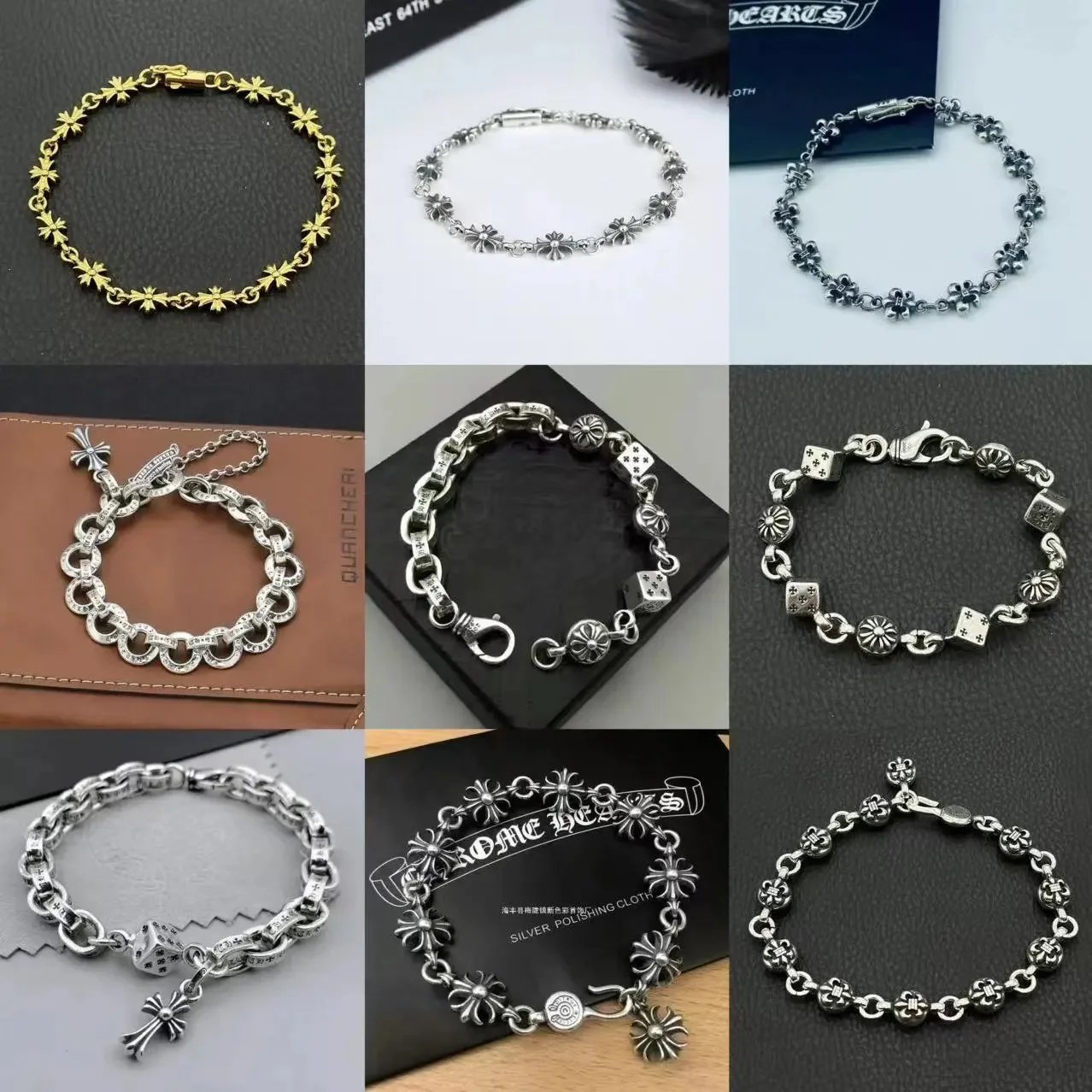 Stylish Silver Bracelets for Men and Women Fashion Jewelry with Flower and Dice Design