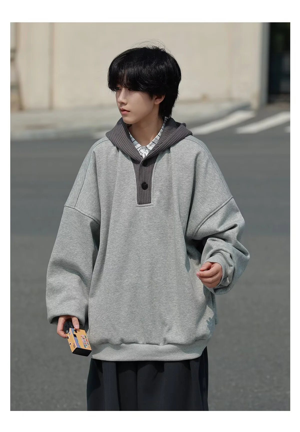 Gray Oversized Hoodie with Knit Collar for Men