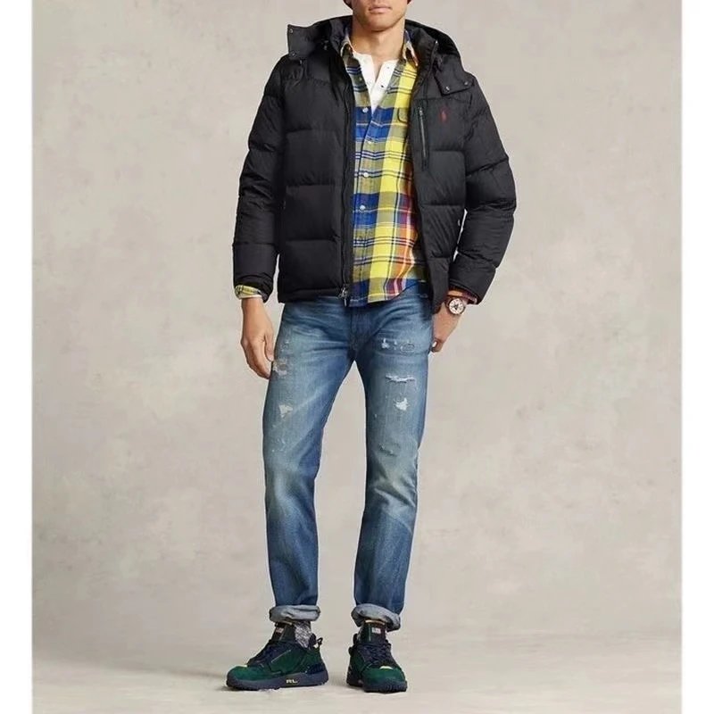 Men's Black Puffer Jacket with Hood and Logo