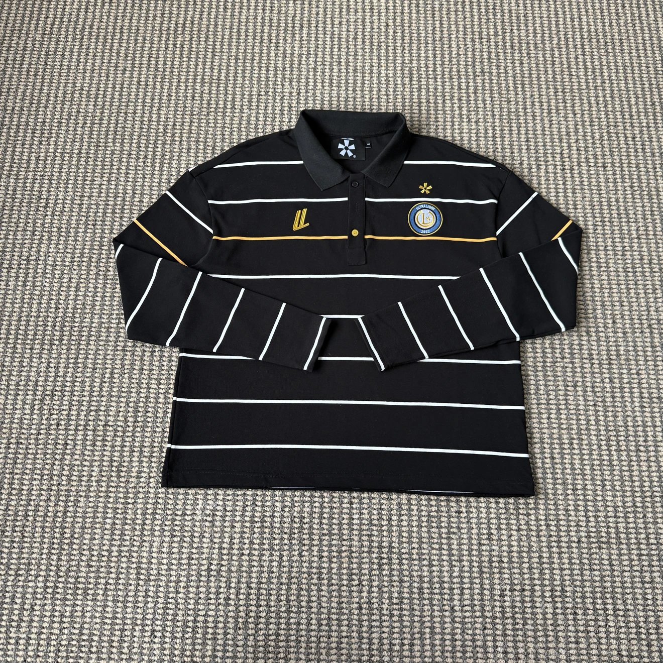 Black Striped Long Sleeve Polo Shirt with Gold and White Accents