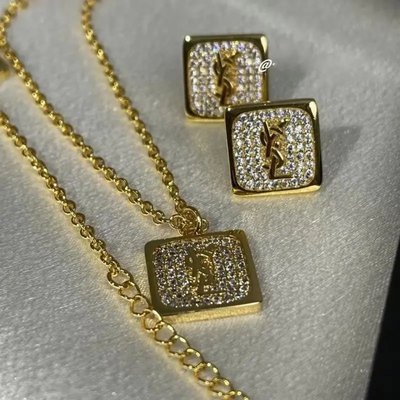 YSL Gold Square Pendant Necklace and Earrings Set with Crystal Logo