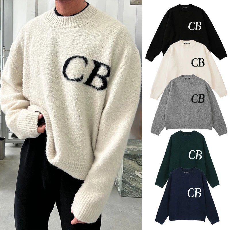 CB Logo Knit Sweater Oversized Crewneck Wool Blend Sweater for Men