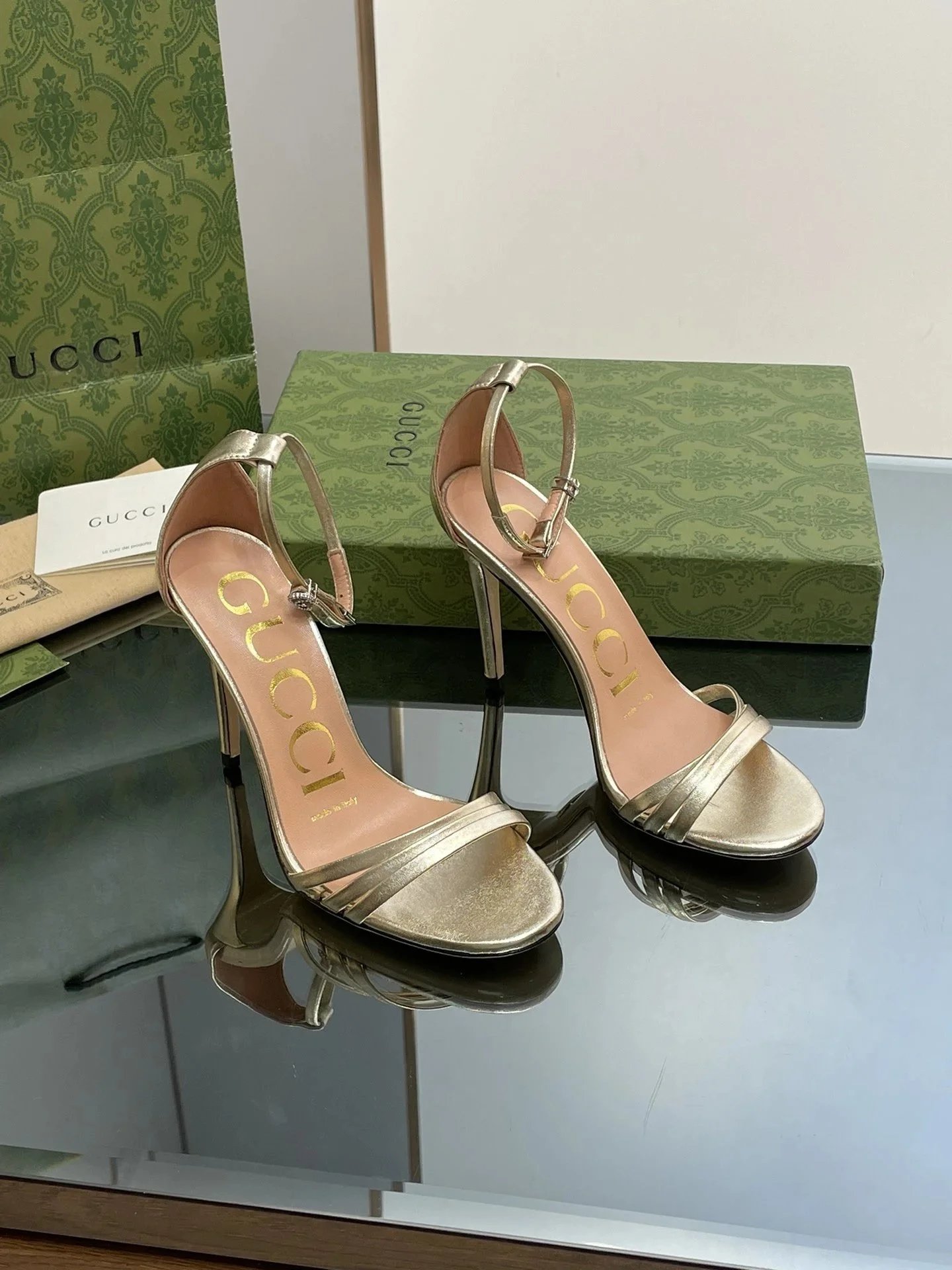 Gucci Metallic Gold Ankle Strap Heels for Women