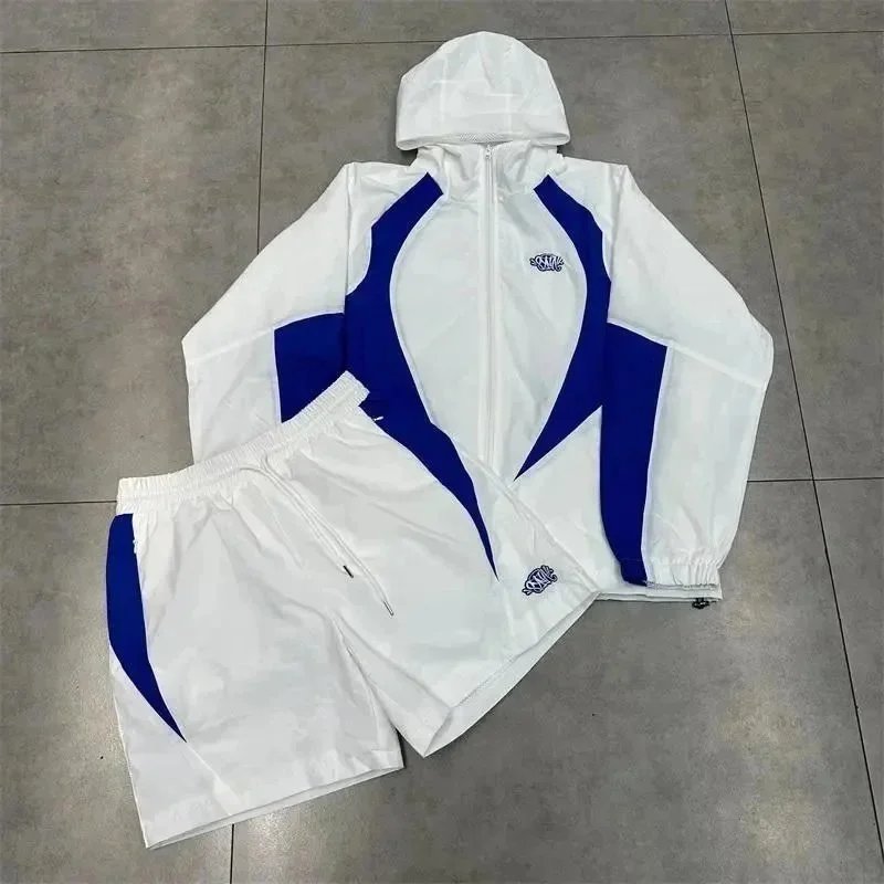 White and Blue Sport Suit with Hooded Jacket and Shorts