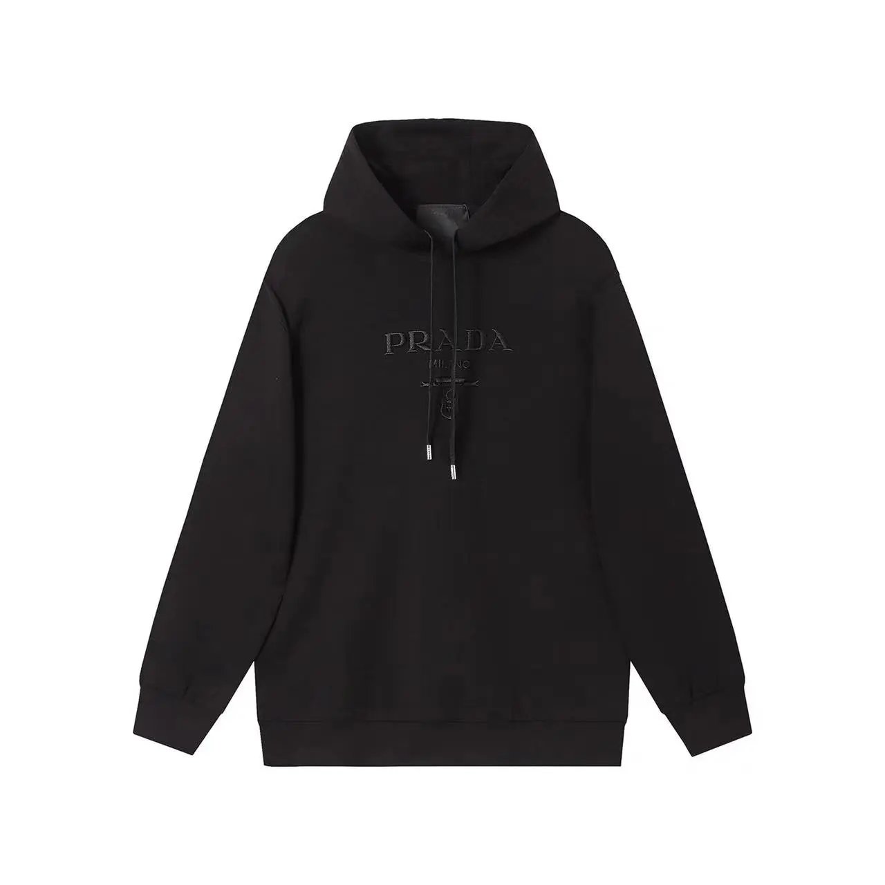 Prada Black Embroidered Logo Hoodie for Men and Women