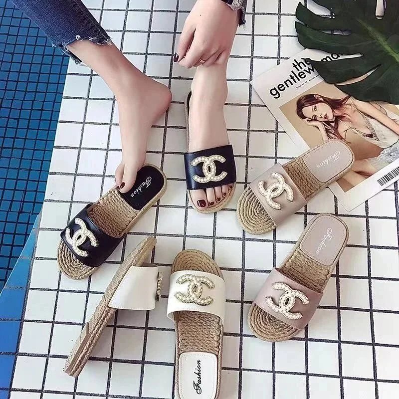 Chanel Style Pearl Logo Slides Women's Flat Sandals Summer Fashion Slip On
