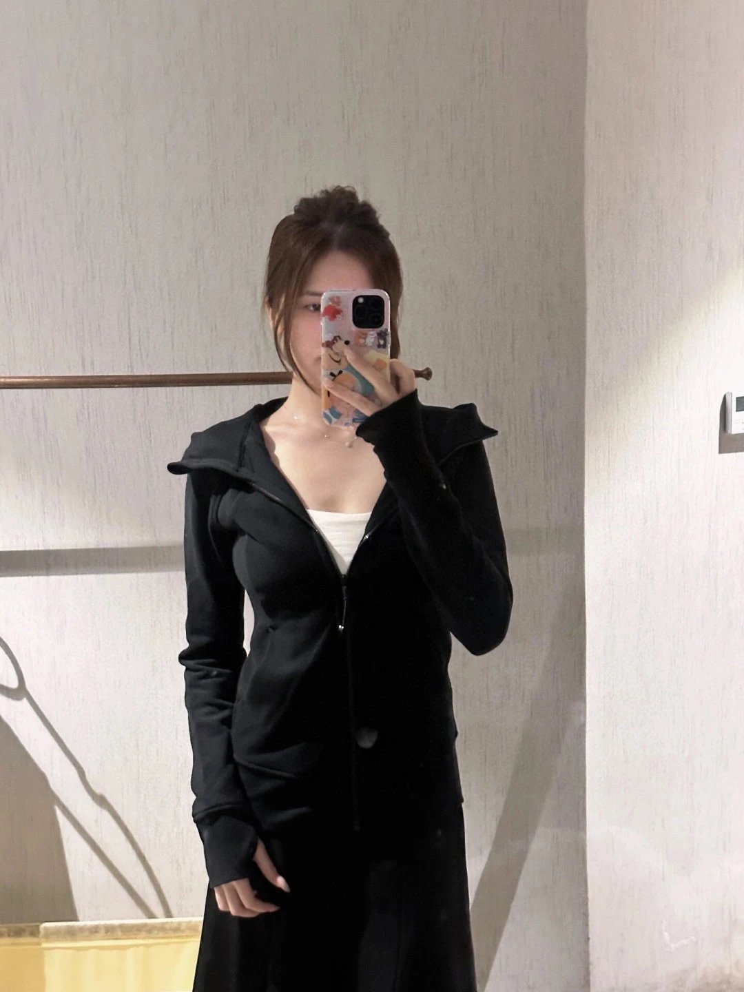 Black Hooded Long Sleeve Zip-Up Jacket for Women