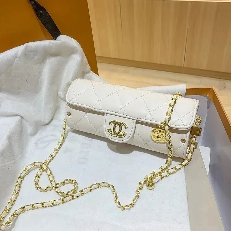 White Quilted Leather Crossbody Bag with Gold Chain